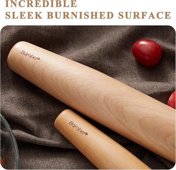 Bamber Wood French Rolling Pin for Baking Small Wooden Rolling Dowel Stick Dough Roller for Cookie Dumpling Pastry Pizza Tortilla, 13.4'' by 1.2''