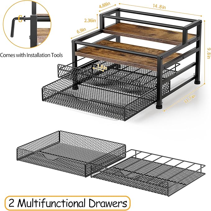 4 Tier Coffee Syrup Rack Organizer, Coffee Bar Organizer for Countertop, Coffee Station Organizer with 2 Sliding Drawers for Pods, K Cup Holder, Stirrer and Condiment, Brown