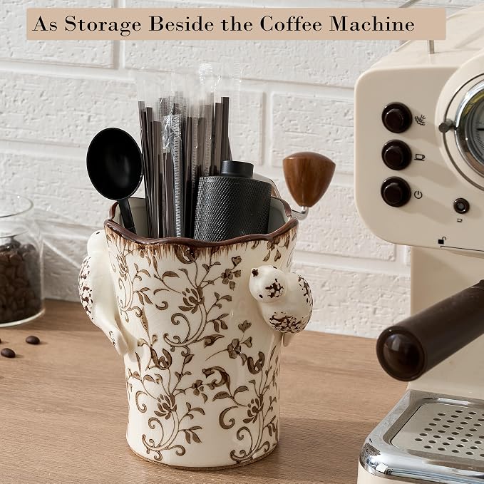 6.34"H Utensil Holder for Kitchen Counter, Modern Farmhouse Cooking Utensil Holder and Crock Home Kitchen Decor, Ceramic Utensil Organizer for Spatula, Ladle, Eggbeater- Brown Flower Patterns
