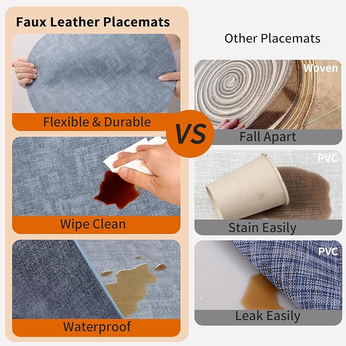 Maxpearl Round Placemats Set of 6, 13.8 inch Faux Leather Heat Resistant Table Mats, Non Slip Waterproof Wipeable Place Mats for Kitchen Dining Holiday Party Table Settings, Blue