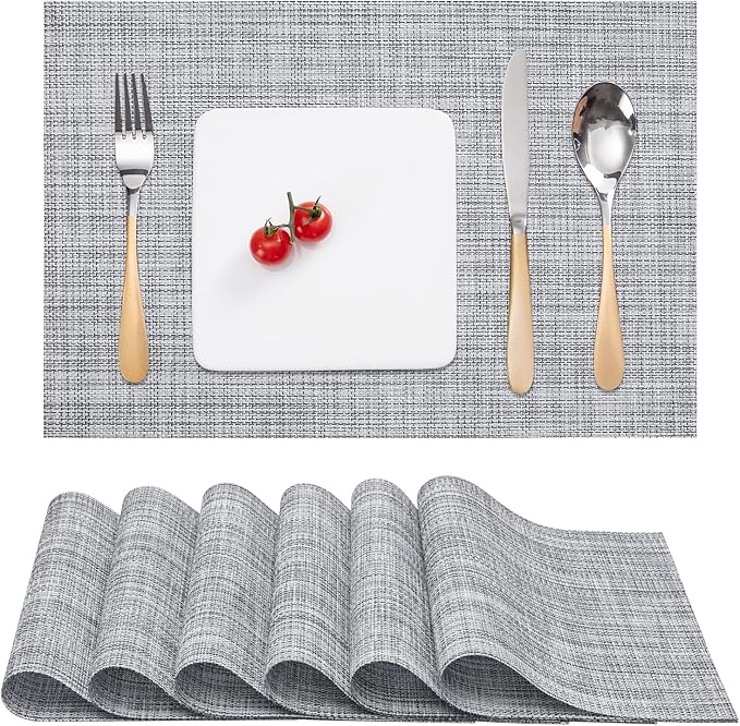 Myir JUN Placemats Set of 6, Vinyl Woven Placemats Place Mats Indoor Washable Table Mats Non-Slip Place mats for Dining Table (Light Gray, Set of 6)