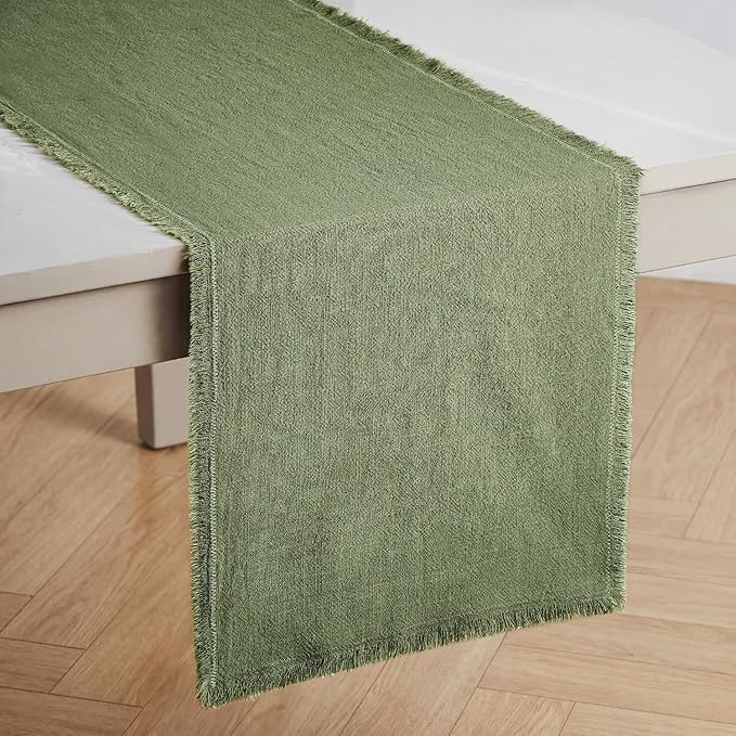 KINGSTONE 14 x 90 Inches Frayed Edge Table Runner, 270G Heavyweight Sand Washed Slub Texture Cotton Linen for Modern Farmhouse, Rustic Home Decorations Dining Room Wedding Boho Decor, Moss Green