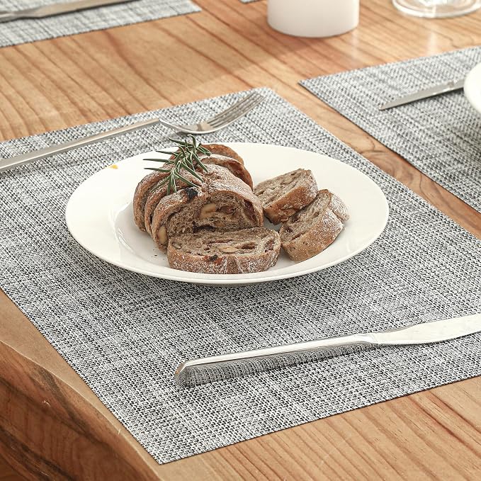 Leetaltree Linen Grey Placemats Set of 12 - Heat Resistant Non-Slip Place mats for Dining Table, Washable Durable PVC Vinyl Woven Table Mats（Linen Grey, 12）
