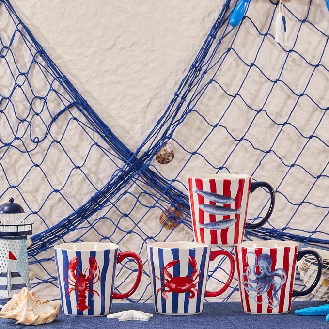 Bico Ocean Wonders Scalloped Ceramic Mug Set of 4, Christmas Coffee Mugs, 15oz Holiday Cups for Tea, Cocoa, or Hot Drinks, Microwave & Dishwasher Safe