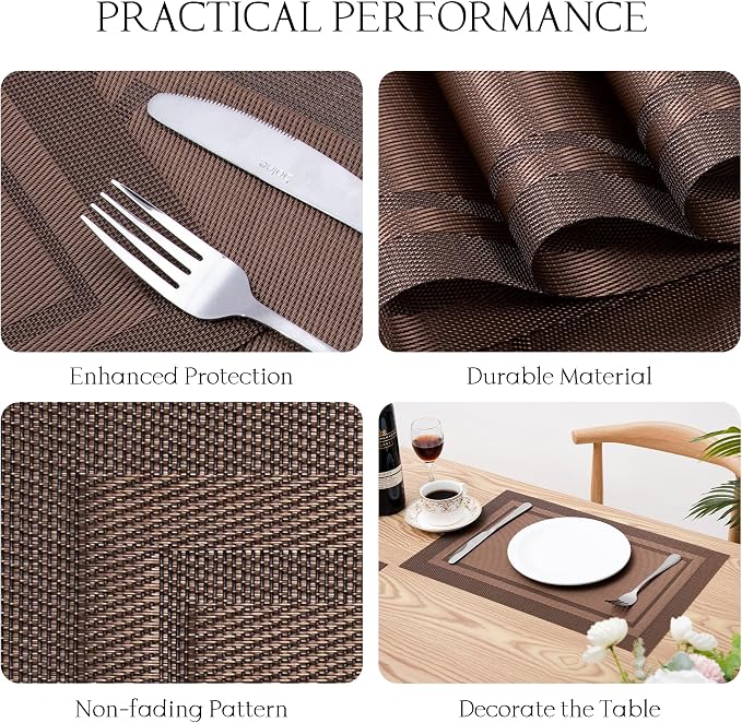 Placemats Set of 6-Heat Resistant Non-Slip Washable Table Mats for Dining Table,PVC Vinyl Woven,12 x 18 inch Brown