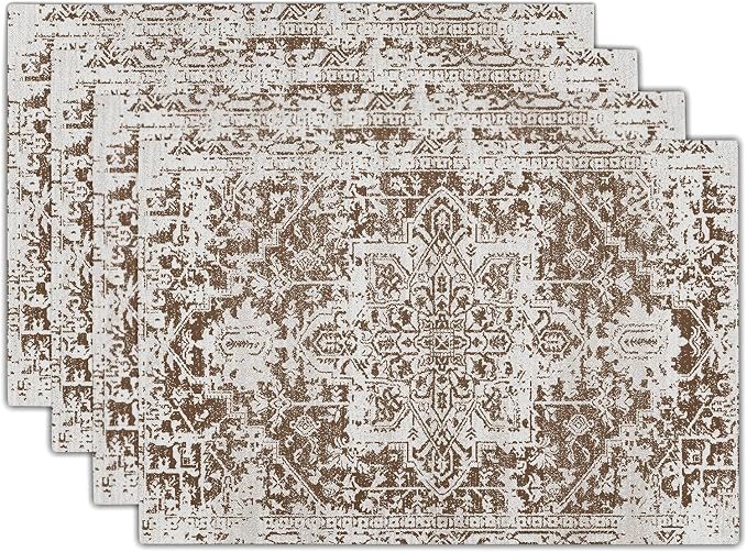 Gray Brown Boho Placemats Set of 4 Ethnic Bohemian Carpet Place Mats Washable Kitchen Dining Vintage Grey Geography Floral Linen Table Mats Stain Heat-Resistant for Home Party Indoor 12x18 in