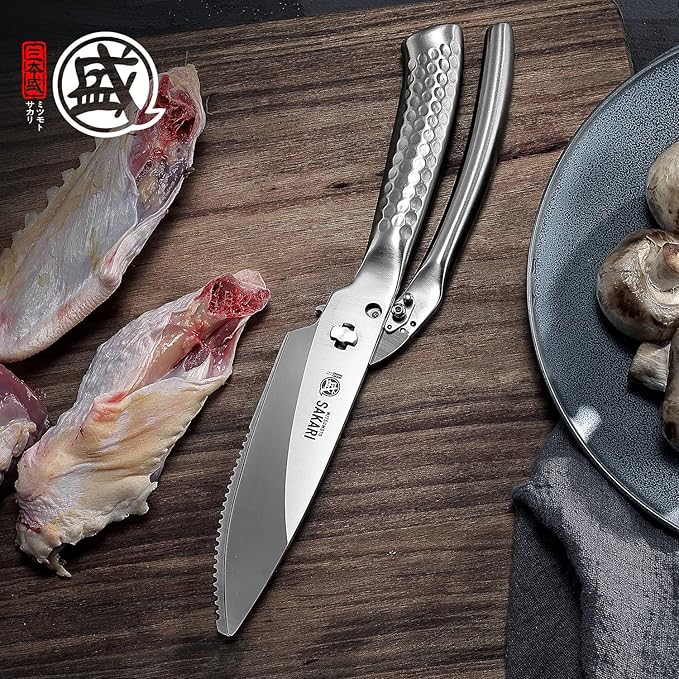 MITSUMOTO SAKARI Japanese Kitchen Scissors Heavy Duty, Silver Alloy Steel Poultry Shears with Non-Slip Handle, Multipurpose Detachable for Chicken, Fish, Meat & Vegetables