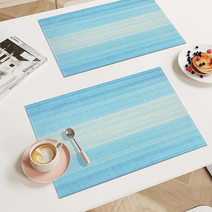 Bloss Blue Placemats Set of 4, Linen Woven Place Mats for Kitchen Table Indoor/Outdoor, 12" x 18" Washable Gradient Blue Placemat Dining Table Mats