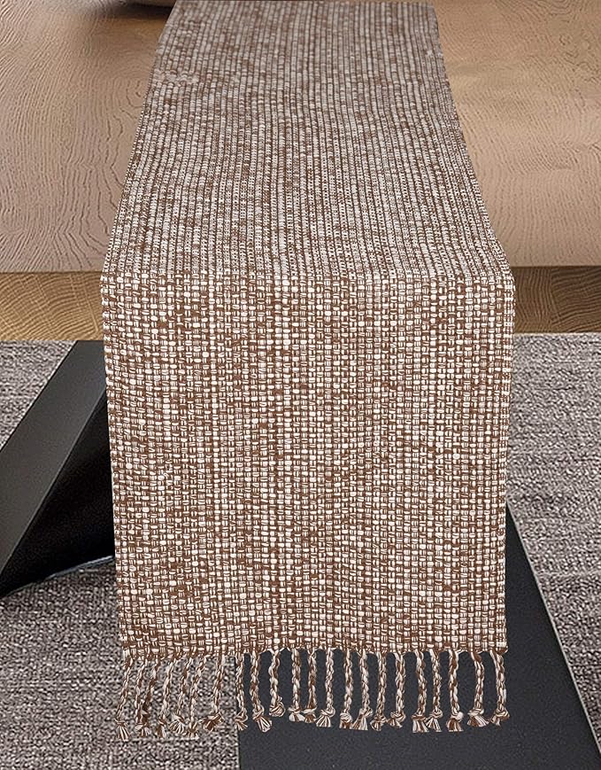 Urban Villa Two Tone Table Runner - 100% Cotton, Brown/Ivory, 14''x72'' with Fringes, Perfect for Kitchen, Dining, BBQs and Everyday Use