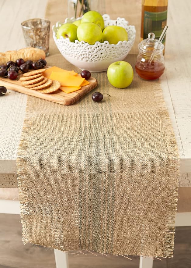 DII Jute Burlap Collection Kitchen Tabletop, Table Runner, 14x108, Middle Stripe Artichoke