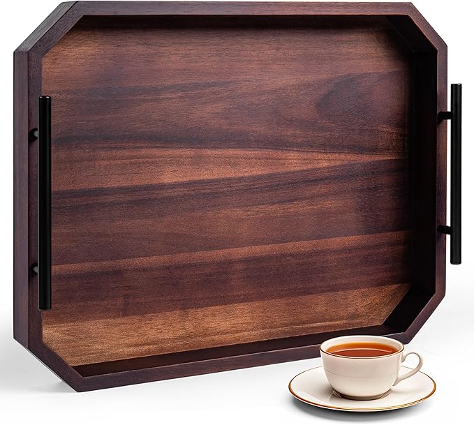 Large Square Ottoman Tray with Built-in Handles – Accacia Wood Serving Tray for Living Room, Coffee Table, Dinning, Kitchen, Patio, Party | Rustic Decorative Storage Tray | 19" x 15" x 2"