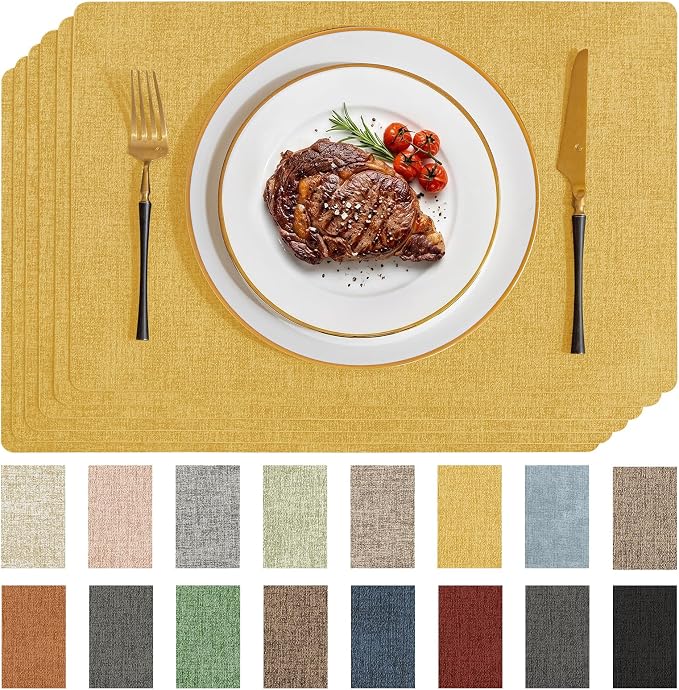 Romanstile Vinyl Placemats Set of 6-12 X 17 Inch - Faux Leather 100% Waterproof Wipeable Anti Slip Place Mats, Heat Resistant Reversible PU Table Mats for Kitchen Dining Party Outdoor, Yellow