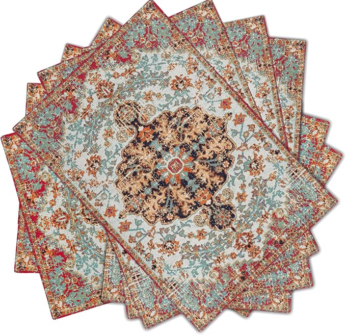 Ethnic Boho Placemats Set of 6 Bohemian Carpet Vintage Black Coral Floral Linen Washable Kitchen Dining Table Mats Stain Heat-Resistant Desktop Decor Place Mats for Home Party Indoor 12x18 in