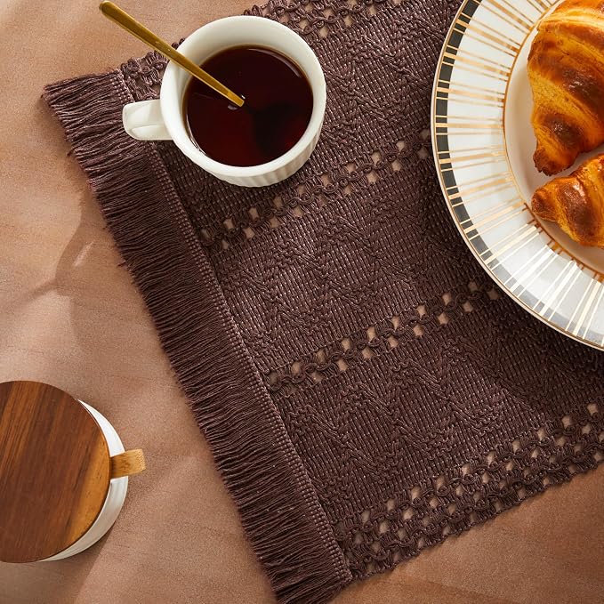 ZeeMart Macrame Style Boho Placemats Set of 6, Chocolate 12x20 Inch | Decorative Farmhouse Table Mats, Natural Cotton Woven Place Mats, Bohemian Home Decor for Kitchen Dining Table