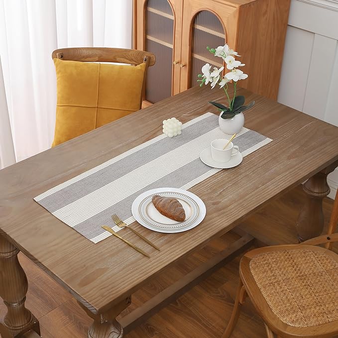 Gernaice 2PCS Boho Table Runner, Rustic Striped Cotton Linen Farmhouse Table Runners for Dresser End Coffee Table Home Decor, 24" L X 13" W Dark Brown