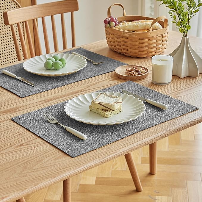 Softalker Faux Linen Placemats Set of 6-12 x 18 Inch, Heat Resistant Double Layered Durable Burlap Farmhouse Place Mats, Non-Slip Washable Rustic Table Mats for Dining, Kitchen, Party（Light Grey
