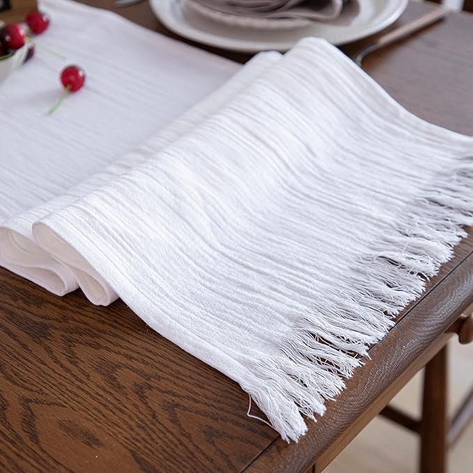 Simple&Opulence Linen Cotton Table Runner - 14 x 108 Inch, Farmhouse Linen Table Runner with Fringed Edges for Bohemian Rustic Wedding, Bridal Shower, Dinner （ White ）