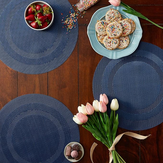 DII PVC Tabletop Collection Woven Indoor/Outdoor, Round Placemat Set, 13.75", Nautical Blue, 6 Piece