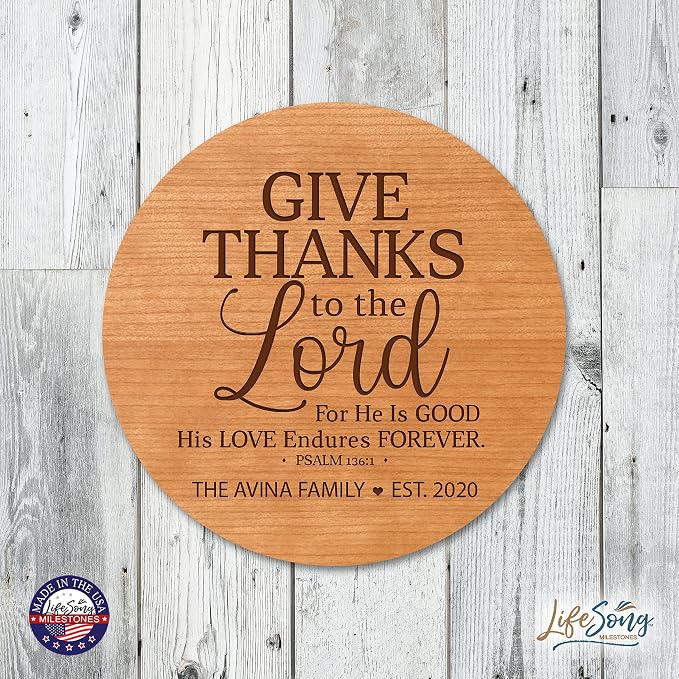 LifeSong Milestones Personalized Cherry Wood Lazy Susan Kitchen Turntable Everyday Design Ideas 12” Engraved Decorative Serving Centerpiece Family (Give Thanks)