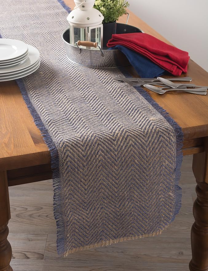 DII Jute Burlap Collection Kitchen Tabletop, Table Runner, 14x72, Chevron Blue