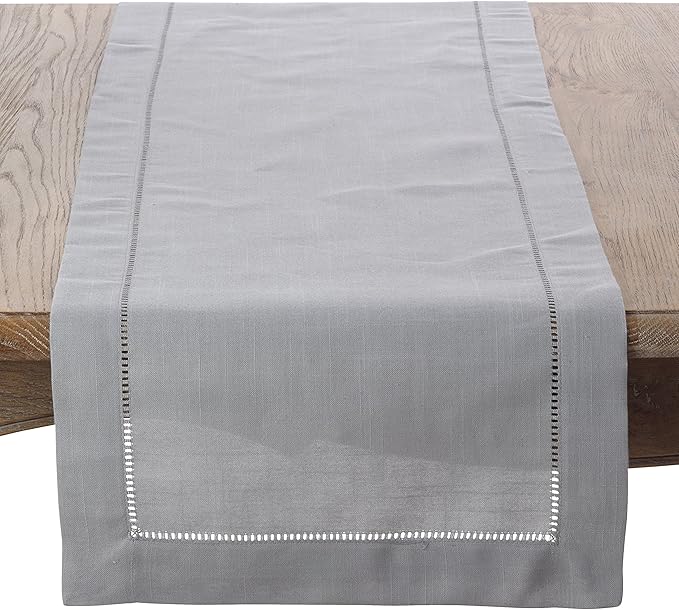 SARO LIFESTYLE Hemstitched Border Table Runner, Grey, 16"x90"