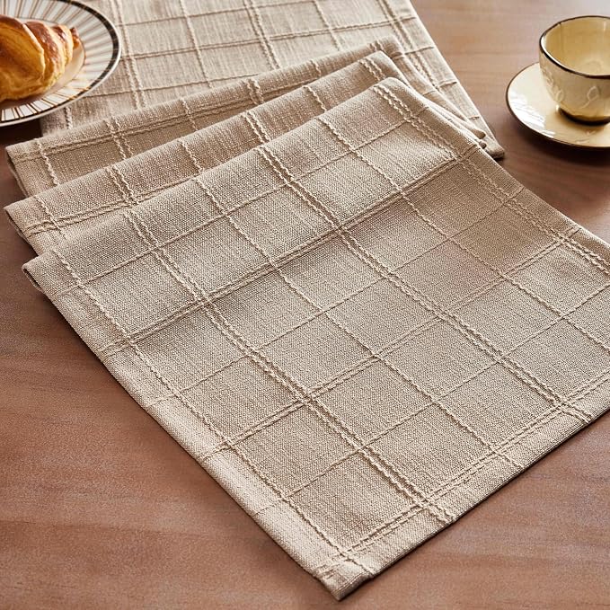 ZeeMart Linen Checked Farmhouse Table Runner, 13x72 Inches Taupe | Raised Grid Design, Rich Woven Texture, Linen Blend Table Runners 72 Inches Long, Machine Washable, Boho Home Kitchen Decor