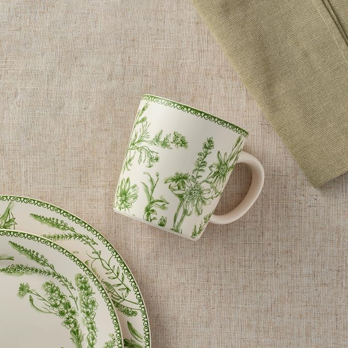 Bico Green Garden Toile De Jouy Ceramic Coffee Mugs Set of 4, 18 oz Large Tea Cups with Handle, Aesthetic Latte Mugs for Cappuccino Cocoa, Lead-Free, Dishwasher and Microwave Safe, Housewarming Gift