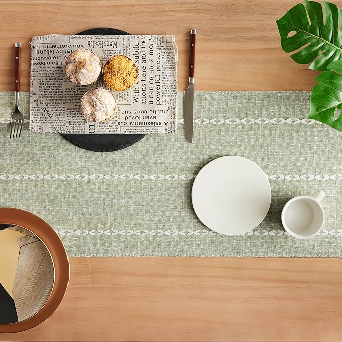 Braided Farmhouse Table Runner,Braided Sage Green 13x108 Inch, Cotton Linen Table Runners 108 Inches Long, Embroidered Striped Sage Green Boho Table Runner Rustic Home Decor