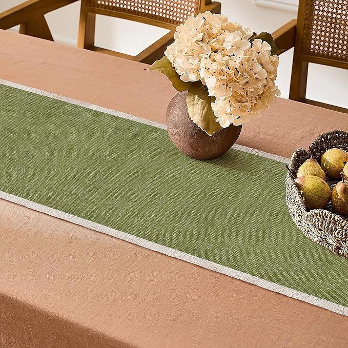 Hausattire Table Runner Cotton Frayed Boho 12x72 Inches | Fall Table Center Piece for Party Table Top Decoration Washable Farmhouse, Wedding, Easter Spring Collection Nubby Cotton - Green