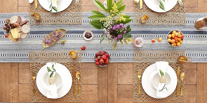 DII Farmhouse Braided Stripe Table Runner Collection, 15x108 (15x113, Fringe Included), French Blue
