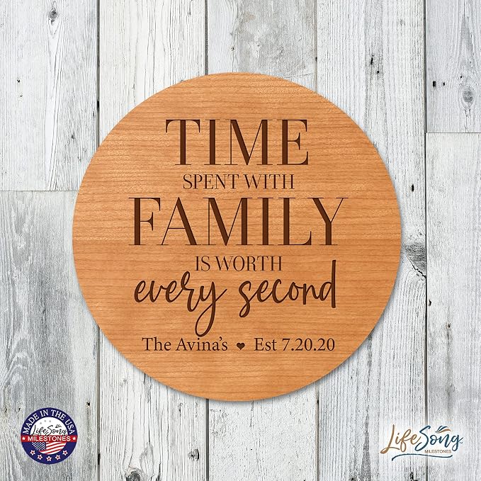 LifeSong Milestones Personalized Cherry Wood Lazy Susan Kitchen Turntable Everyday Design Ideas 12” Engraved Decorative Serving Centerpiece Family (Time Spent)