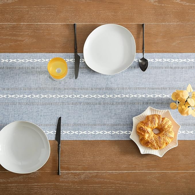 Hemstitched Farmhouse Table Runner, Blue 13x60 Inch, Cotton Linen Table Runners 60 Inches Long, Embroidered Striped Blue Boho Table Runner Rustic Home Decor