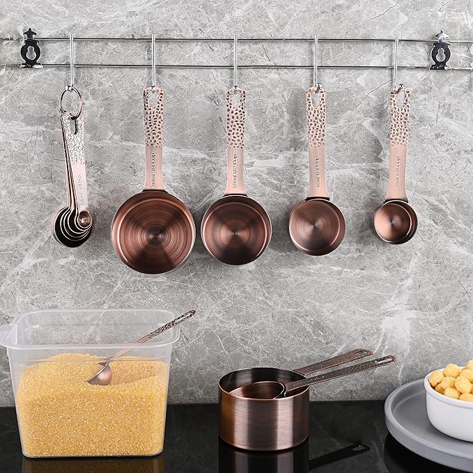 Measuring Spoons Set 7, Copper Plated Measuring Spoons Set for Baking & Kitchen, Metric &US Stainless Steel Measure Tools with Leveler for Dry & Liquid