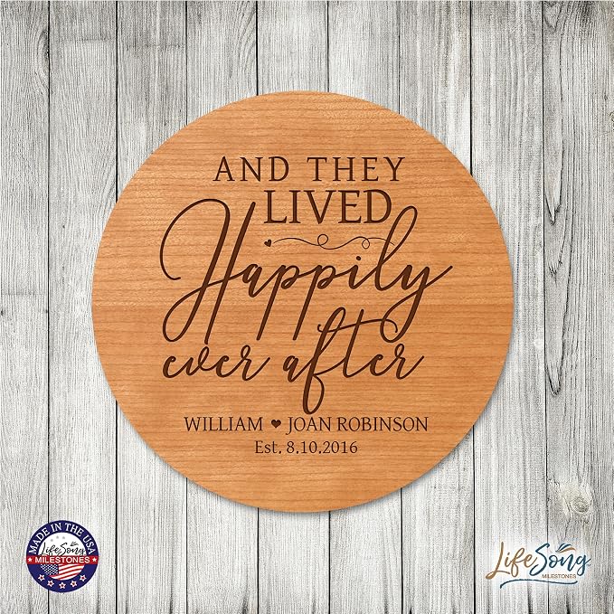 LifeSong Milestones Personalized Cherry Wood Lazy Susan Kitchen Turntable Everyday Design Ideas 12” Engraved Decorative Serving Centerpiece Couple (Happily Ever After)