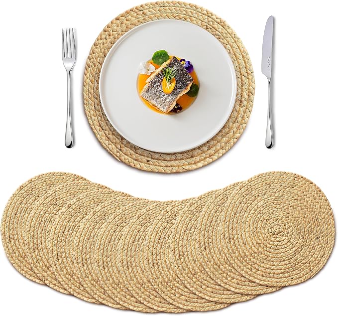 BLUEWEST Woven Placemats - 13" Boho Round Rattan Placemats (Pack of 10) - Wicker Water Hyacinth Braided Set - Heat Resistant/Anti-Slip/Durable for Dinner Plate, Dining Table