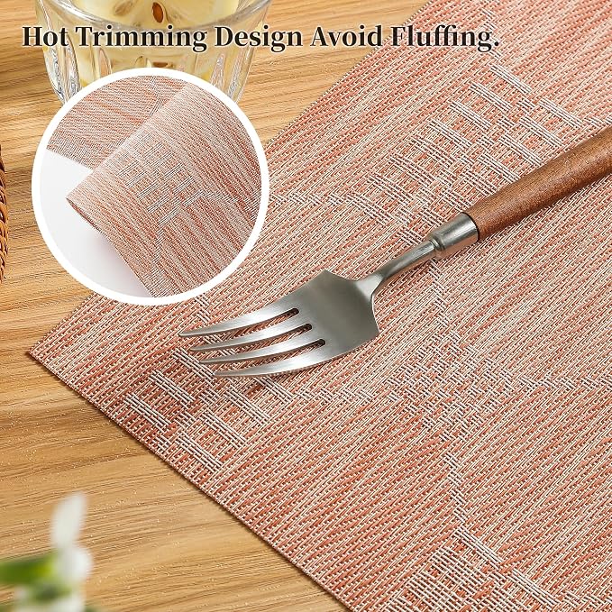 Leetaltree Coral Placemats Set of 6 - Heat Resistant Non-Slip Place mats for Dining Table, Washable Durable PVC Vinyl Woven Table Mats（Coral, 6）
