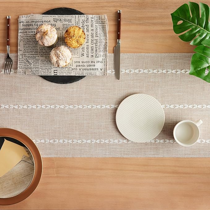 Braided Farmhouse Table Runner,Braided Taupe 13x108 Inch, Cotton Linen Table Runners 108 Inches Long, Embroidered Striped Taupe Boho Table Runner Rustic Home Decor