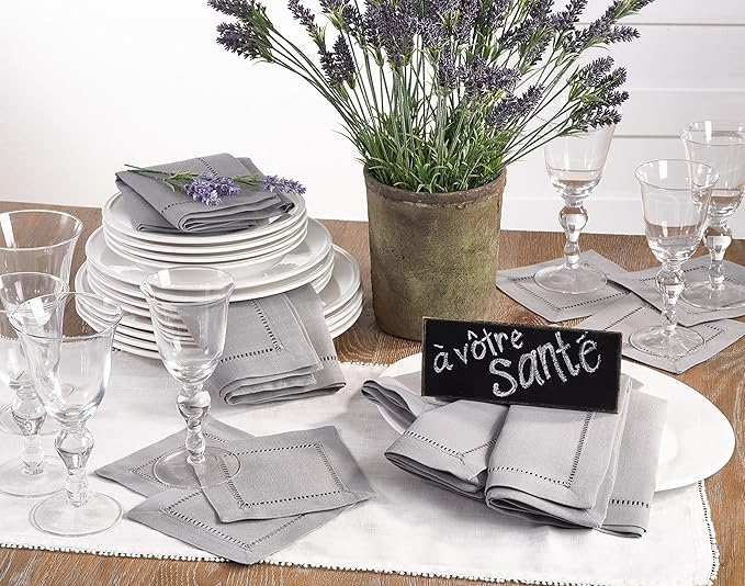 SARO LIFESTYLE Hemstitched Border Cocktail Napkin (Set of 12), Grey, 6"x6"