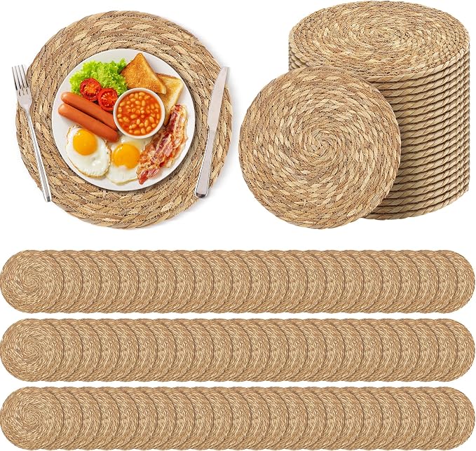 Kochorie Set of 120 Round Woven Placemats 13.8 Inches Bulrush Placemats Natural Hand-Woven Boho Rattan Placemat Wicker Table Mats Farmhouse Weave Place Mats for Home Dining