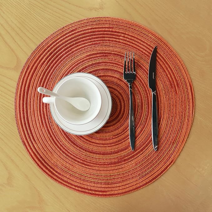 Youyi Table Placemats Set of 6, Round Place Mats 15 Inch Washable Heat Resistant Durable Woven Braided Placemats Farmhouse Boho Table Mats for Dining, Dark Orange