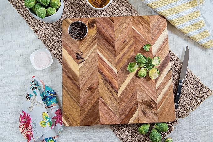 Lipper International Acacia Herringbone Square Cutting and Serving Board with Inset Handles for Chopping Meats, Fruits and Vegetables, 14" x 14" x 1" Thick