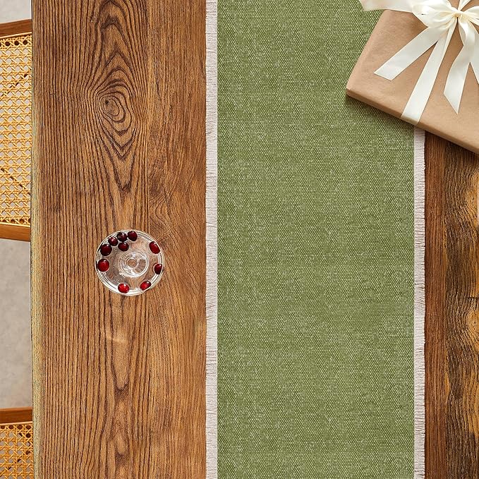 Hausattire Table Runner Cotton Frayed Boho 12x72 Inches | Fall Table Center Piece for Party Table Top Decoration Washable Farmhouse, Wedding, Easter Spring Collection Nubby Cotton - Green