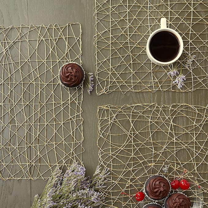 DII Woven Paper Tabletop Collection Holiday or Event Decor, Square Placemat Set, 16x16, Gold, 6, Piece