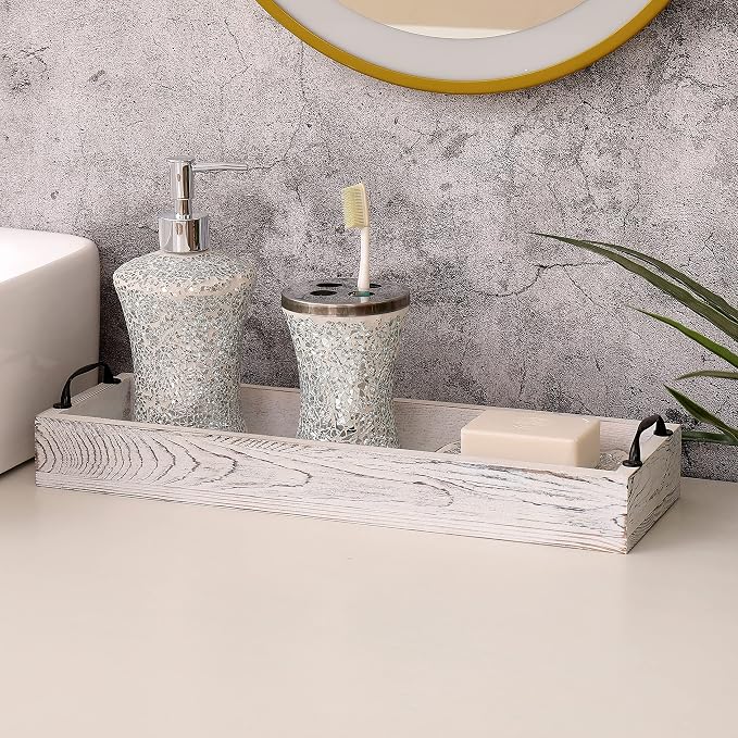 Rustic Wooden Serving Trays Rectangular with Handle,Ottoman Tray for Living Room 16 Inch Long for Serving Wine(whitewashed)