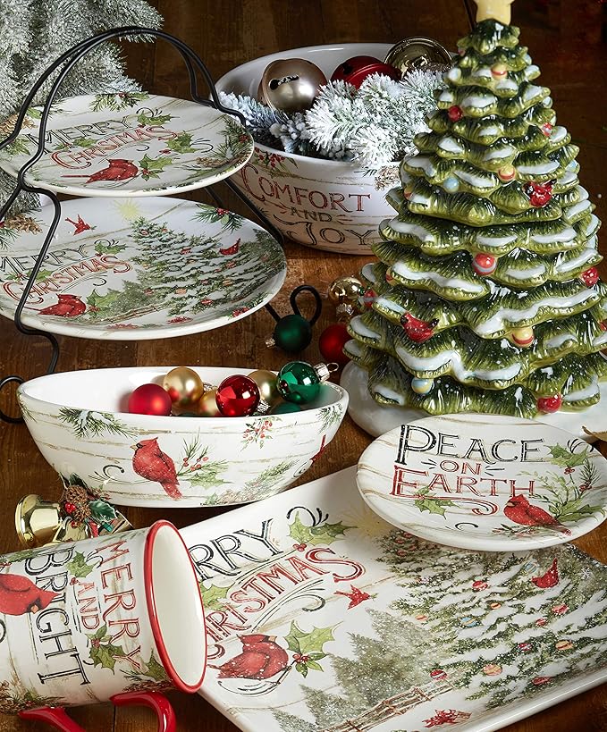 Evergreen Christmas 16 oz Ceramic Mugs – Set of 4 – Holiday Cardinal Design with Festive Sayings – Durable Stoneware Drinkware for Hot Cocoa, Coffee, Tea & Winter Gifting