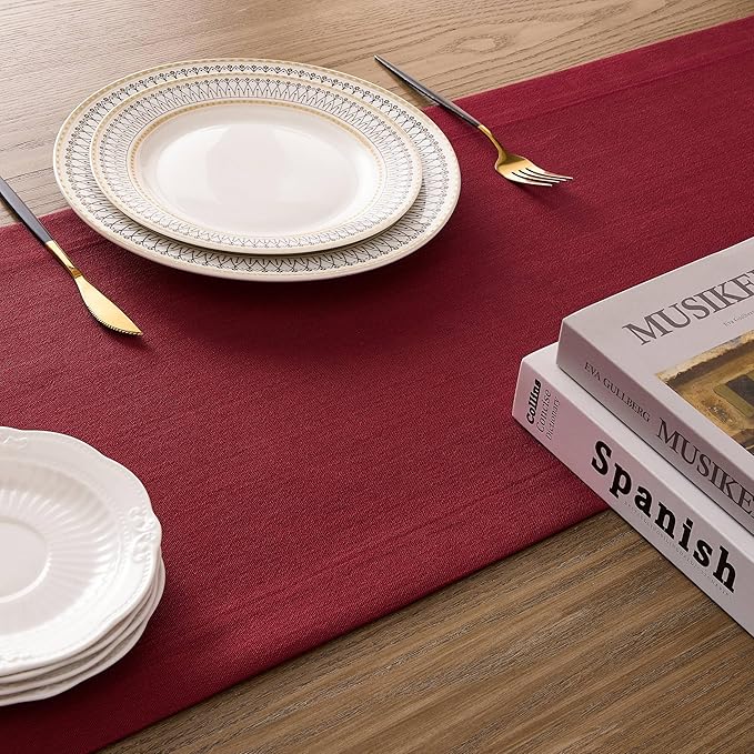 ZeeMart Linen Textured Border Table Runner, 14 x 48 Inch Red, Farmhouse Style Red Table Runners 48 Inches Long, Easy Care Everyday Polyester Table Runner
