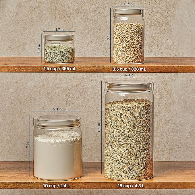 Pyrex 4-Pack Glass Canister Set - Dry Food Storage Containers with Glass Lids for Kitchen and Pantry Organization