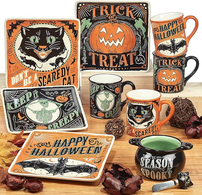 Scaredy Cat 3-D Ceramic Halloween Mugs, Set of 4 – Add spooky fun to your fall mornings with ghost, pumpkin, skull, and black cat designs, perfect for coffee, cocoa, or festive party drinks
