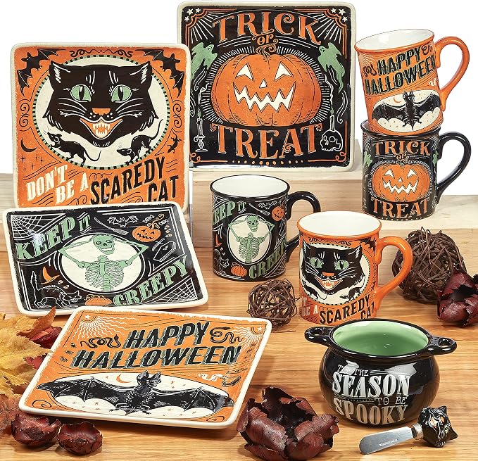 Halloween Mugs Set of 4 – Spooky Ceramic Coffee Cups with Vintage Trick or Treat Designs – Black Cat, Skeleton, Pumpkin & Bat – Fun Scary Tea or Cocoa Cups for Halloween Parties & Décor