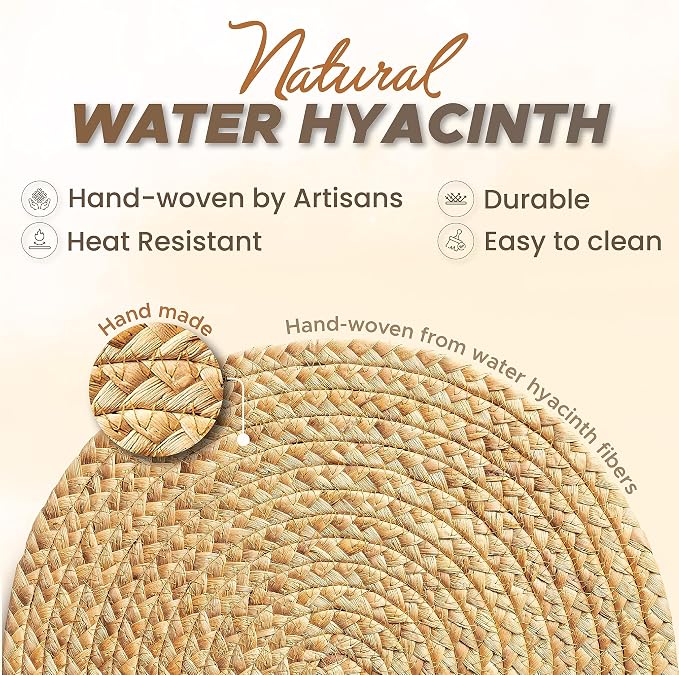 BLUEWEST Woven Placemats - 13" Boho Round Rattan Placemats (Pack of 10) - Wicker Water Hyacinth Braided Set - Heat Resistant/Anti-Slip/Durable for Dinner Plate, Dining Table